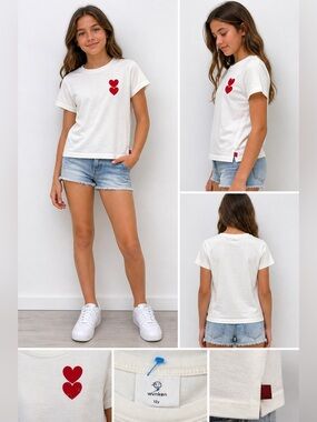 Wynken Girls White Double Heart Graphic Tee Youth Size 12Y Short Sleeve Cotton